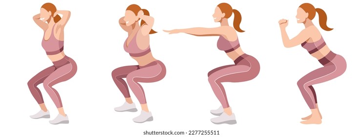 vector set of images of beautiful girls in a sports uniform (leggings and a sports bra) is engaged in fitness, sports, isolated on a white background. women squat, do lunges, train legs and buttocks.