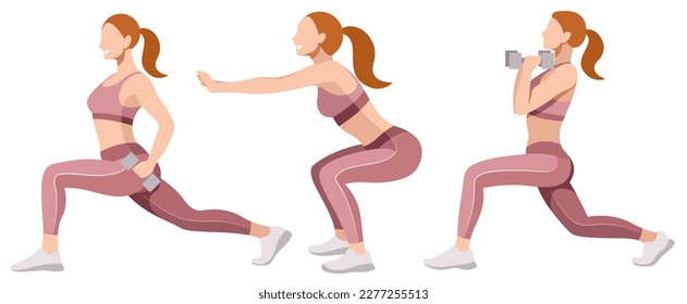 vector set of images of beautiful girls in a sports uniform (leggings and a sports bra) is engaged in fitness, sports, isolated on a white background. women squat, do lunges, train legs and buttocks.