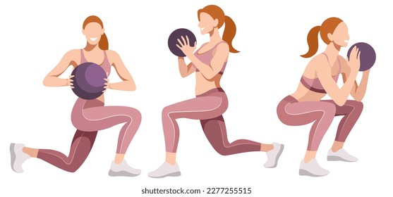 vector set of images of beautiful girls in a sports uniform (leggings and a sports bra) is engaged in fitness, sports, isolated on a white background. women squat, do lunges, train legs and buttocks.