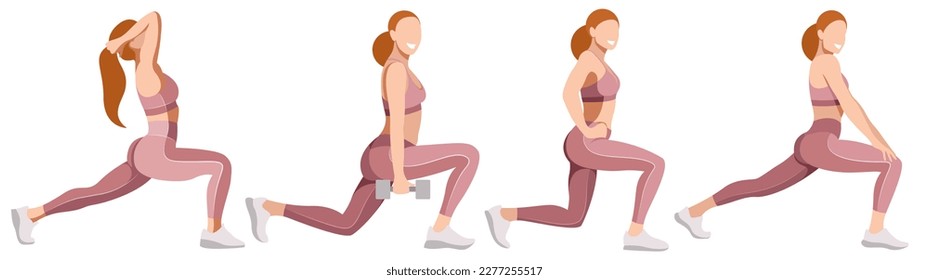 vector set of images of beautiful girls in a sports uniform (leggings and a sports bra) is engaged in fitness, sports, isolated on a white background. women squat, do lunges, train legs and buttocks.