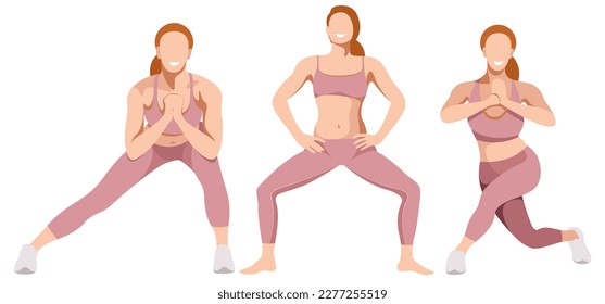 vector set of images of beautiful girls in a sports uniform (leggings and a sports bra) is engaged in fitness, sports, isolated on a white background. women squat, do lunges, train legs and buttocks.