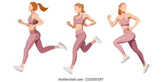 vector set images of a beautiful slender girl in a sports uniform (leggings and a sports bra) is engaged in fitness, sports, trains isolated on a white background. woman runs. morning run. jogging. - Shutterstock ID 2152555197