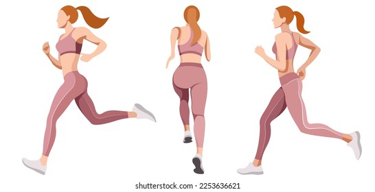 vector set images of a beautiful slender girl in a sports uniform (leggings and a sports bra) is engaged in fitness, sports, trains isolated on a white background. woman runs. morning run. jogging.