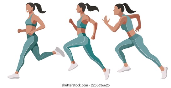 vector set images of a beautiful slender girl in a sports uniform (leggings and a sports bra) is engaged in fitness, sports, trains isolated on a white background. woman runs. morning run. jogging.