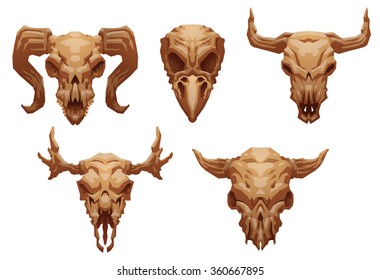 Vector set of images of beige skulls of animals with horns: sheep, bird, bull, moose and cow on a light background. Suitable for prints on T-shirts and tattoos. Vector illustration.