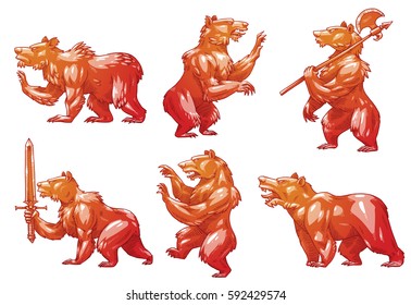 Vector set of images of bronze heraldic bears in different poses with different weapons on a white background. Coat of arms, heraldry, emblem, symbol. Color image. Vector illustration.