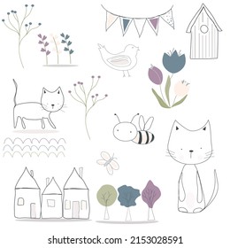 Vector set of images with cat,bird,bee,trees and flowers.For kids print,wrapping paper,holiday  cards .