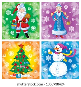 Conjunto vectorial de imágenes de figuras navideñas en un fondo de color: Santa Claus, criada de nieve, árbol de Navidad, hombre de nieve