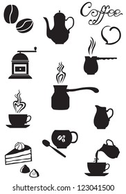 Vector set of images of coffee, accessories, dishes and sweets. Coffee icon. Vector beverages icon set.