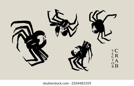 Vector set of images of crabs. Calligraphy, ink, brush, sketch. Black on beige. East, China, Japan. Fish restaurant, cafe, market, menu. Eps10