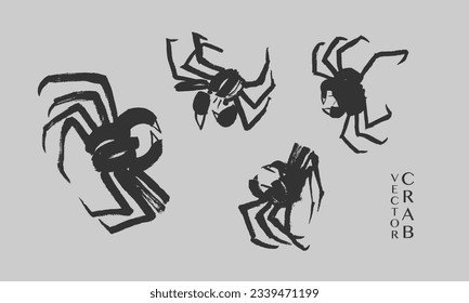 Vector set of images of crabs in traditional oriental style. Calligraphy, ink, brush, sketch, doodle. Black on grey. China, Japan. Restaurant, cafe, fish market, menu. Eps10