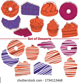 Conjunto vectorial de imágenes. Esbozo decorativo vectorial, ilustración.
Postre