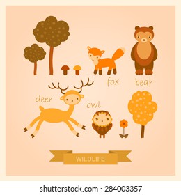 vector set of images of deer, bear, bird, fox and trees