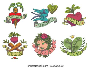 Vector set of images of different color vegan emblems with green leaves, vegetables and hearts, with banners "Vegan" on a white background. Color image. Vegetarianism, veganism. Tattoo. 