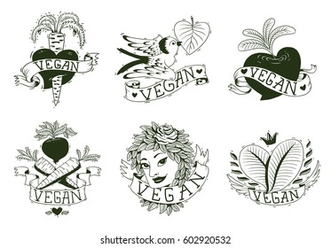 Vector set of images of different vegan emblems with leaves, vegetables and hearts, with banners "Vegan" on a white background. Made in monochrome style. Vegetarianism, veganism. Tattoo. 