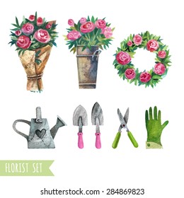 Vector set of images for the flower shop in watercolor style. Bouquets of flowers in pots, florist tools, gloves, leyuka. Watercolor flowers.