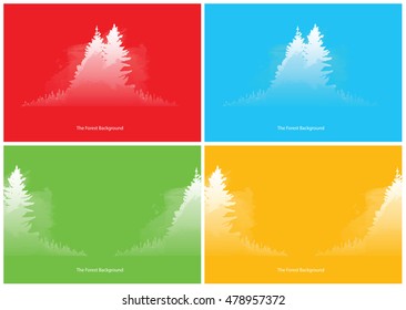 Vector set of images of the forest backgrounds. Wild coniferous forest in the morning mist. Vector backgrounds of white coniferous trees on a red, blue, green and yellow background. Foggy valley. 