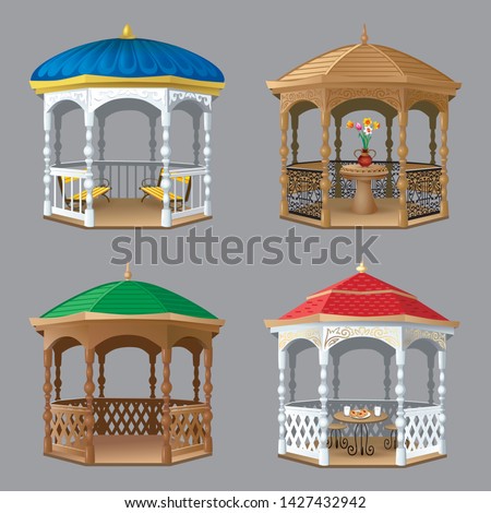 Vector set of images of four decorative wooden beautiful gazebos for country holidays