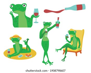 Vector set of images of frog with wine