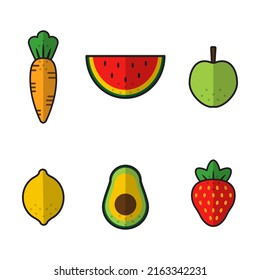 Vector set of images of fruits, vegetables and berries. Healthy food. Illustrations of strawberry and watermelon, apple and lemon, carrot and avocado. Multicolored elements on a white background.