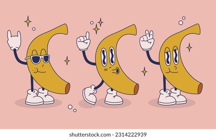 Vector set of images of a fun banana in a groovy style. Retro illustration in cartoon style with 70s-80s vibes.