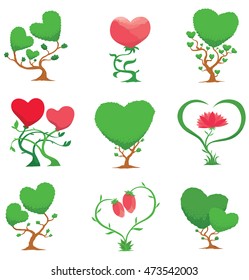Vector set of images of green trees and red flowers in the shape of a heart symbols on a white background. Valentine's Day. Vector illustration of Valentine's trees and flowers.