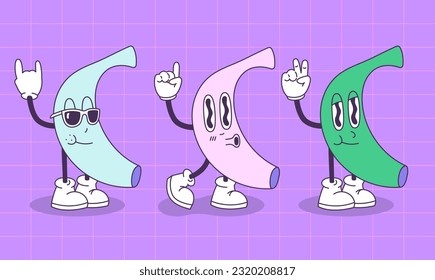 Vector set of images in groove style. Cheerful banana at the disco. Retro illustration in cartoon style with 70s-80s vibes.