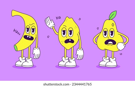 Vector set of images in groove style. Cartoon unhappy fruit on a pink background. Retro cartoon style illustration of a banana, lemon and pear with a 70s-80s vibe.