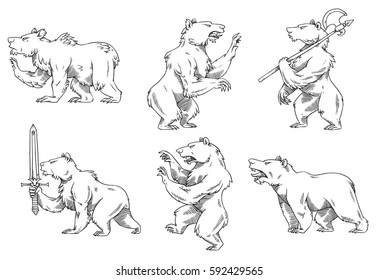 Vector set of images of heraldic bears in different poses with different weapons on a white background. Coat of arms, heraldry, emblem, symbol. Made in monochrome style. Vector illustration.