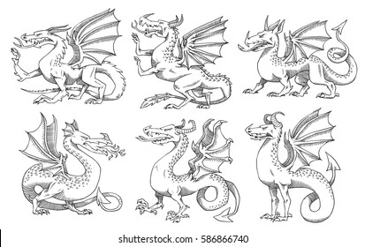 Vector set of images of heraldic dragons in different poses on a white background. Coat of arms, heraldry, emblem, symbol. Made in monochrome style. Vector illustration.