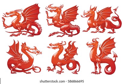 Vector set of images of heraldic red dragons in different poses on a white background. Coat of arms, heraldry, emblem, symbol. Color image. Vector illustration.