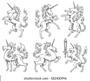 Vector set of images of heraldic unicorns in different poses on a white background. Coat of arms, heraldry, emblem, symbol. Made in monochrome style. Vector illustration.