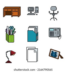 conjunto vectorial de imágenes o conjunto de iconos de equipo de oficina (escritorio, computadora, silla, papel, documento, pila de papel, lámpara de escritorio, teléfono), dibujado al estilo pixelart