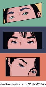 Vector set of images of Japanese girls as a comic strip