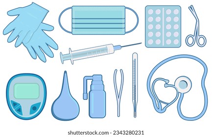 Vector set of images of medical instruments, isolated on white background