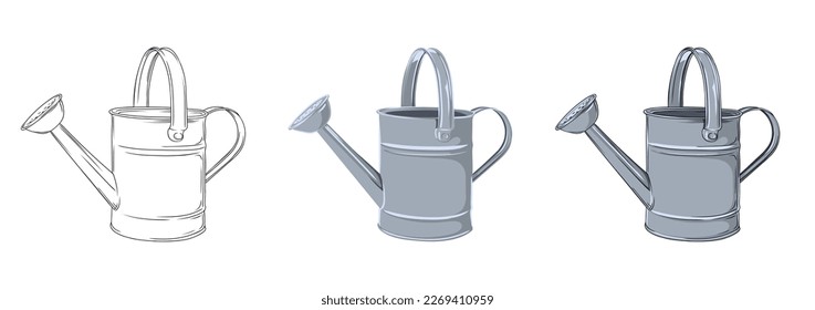 vector set of images of a metal garden watering can on a transparent background. black outline and color image of a metal garden watering can