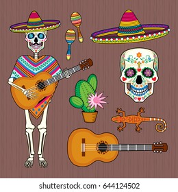 Vector set of images of Mexican culture: skull Calaveral , skeleton, guitar, maracas and sombrero