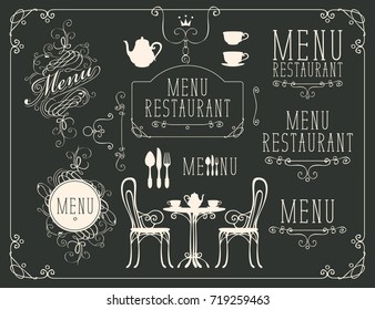 Vector set of images on the theme of menu for restaurant or cafe on a black background. Drawing design elements chalk on a blackboard