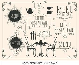 Vector set of images on the theme of menu for restaurant or cafe on a beige background in the art Deco style