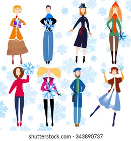 vector set of images of people in winter, new year, party