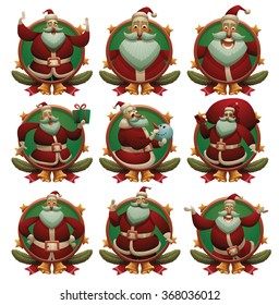 Vector set of images of round orange-green frames with fir branches, ribbons, stars, bells and with cartoon images of cute Santa Clauses on a light background. Christmas, New Year. Vector illustration