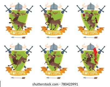 Vector set of images of shields "Awesome" with helmets, swords and with cartoon images of funny brown heraldic mooses with different actions and emotions on a white background. Coat of arms, emblem. 