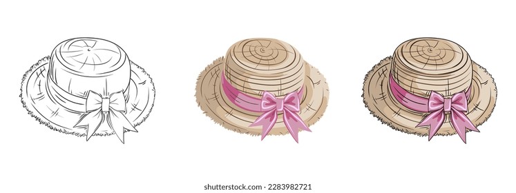 vector set of images of a straw hat with a bow on a transparent background. black outline and color image of a hat from the sun and for walking