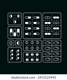 Conjunto vectorial de imágenes de placas de tableta. Contorno de iconos sobre el tema de los productos farmacéuticos. Ilustración en un fondo oscuro.