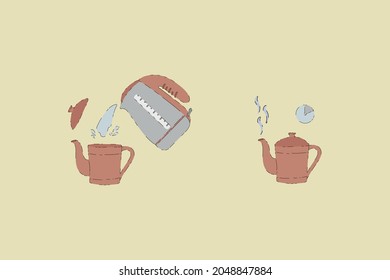 Vector set of images of Tea time. A collection with steps for brewing a hot drink. Brewing tea in a teapot. Hot water. Infusion of green leaves. Have a nice tea party. Vector illustration