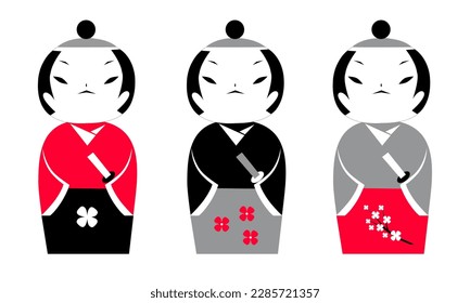 Vector set with images of three stylized samurai. Illustration, stylization. Red, black, white background. Japanese culture and tradition, holidays.