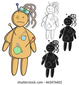 Vector set of images with a voodoo doll. Isolated objects on a white background. 