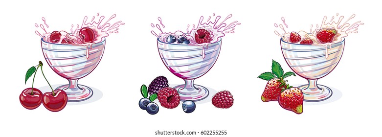 Vector set of images of yogurt in dessert bowls with different berries