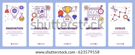 Vector set of improve concept vertical banners. Innovation, analysis, achievement, implement and evolve concept elements. Thin line flat design symbols, icons for website menu, print.