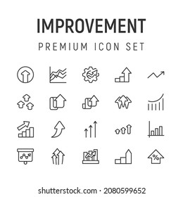 Vector set of improvement thin line icons. Design of 20 stroke pictograms. Signs of improvement isolated on a white background.